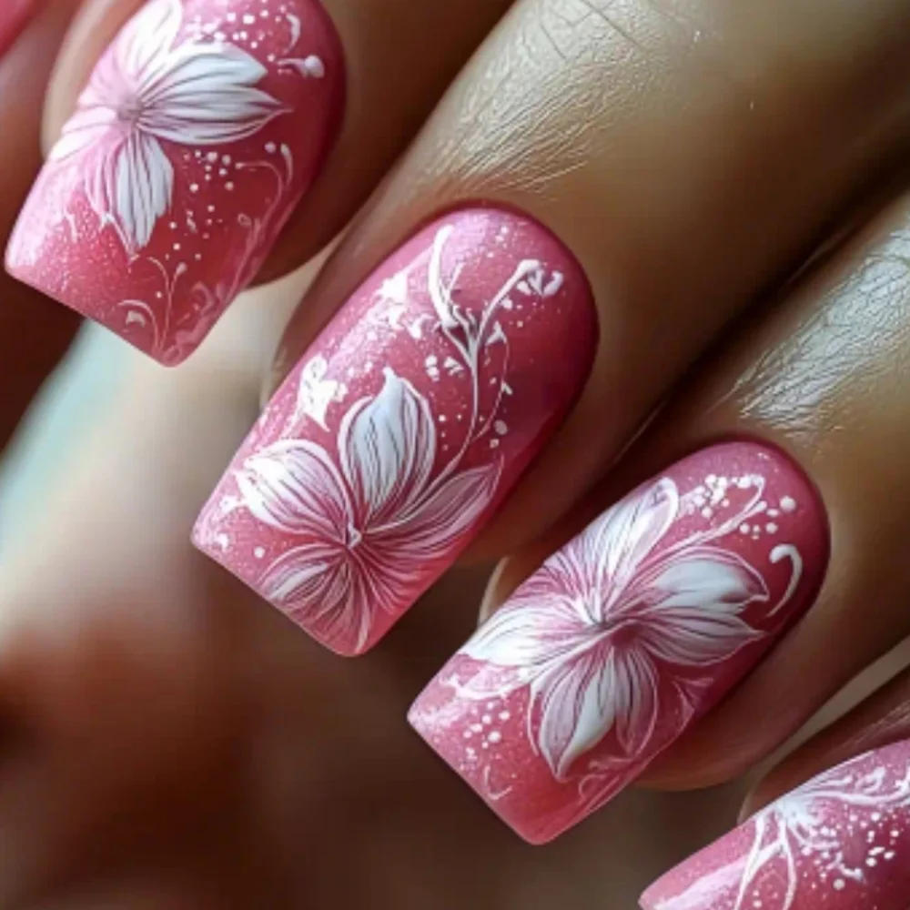 🔥3/$21 Pink Floral Press On Nails